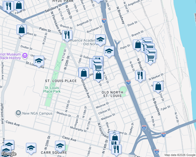 map of restaurants, bars, coffee shops, grocery stores, and more near North 14th Street & Montgomery Street in St. Louis