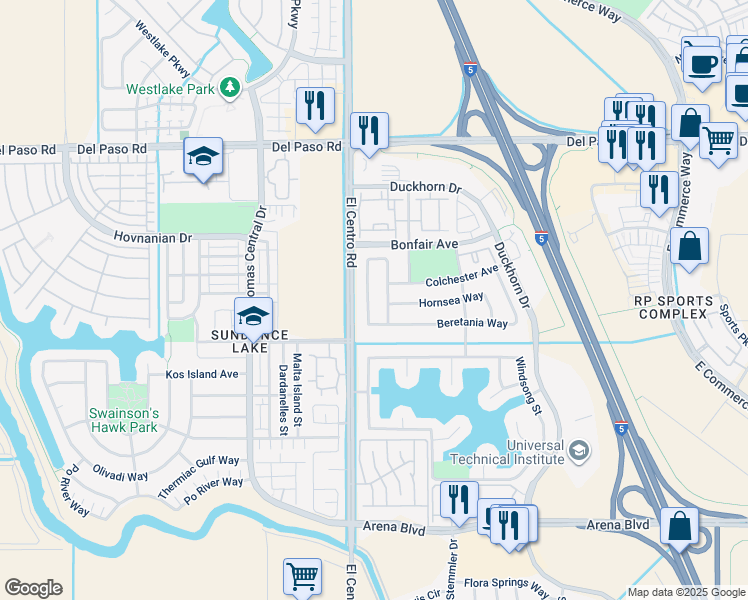 map of restaurants, bars, coffee shops, grocery stores, and more near 361 Aldeburgh Circle in Sacramento