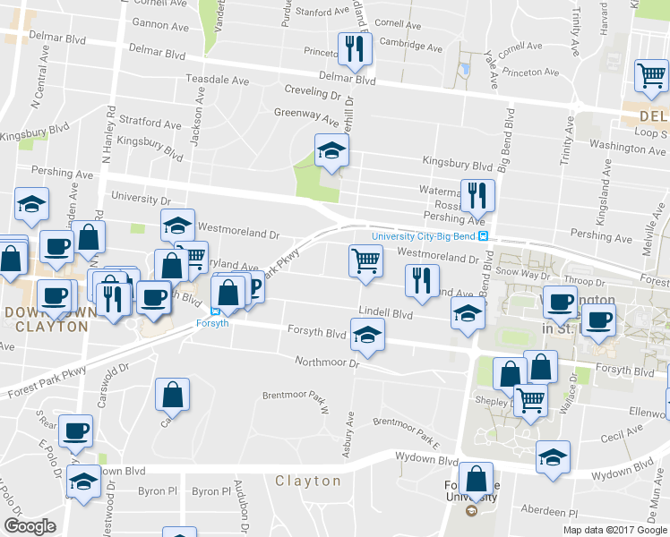 map of restaurants, bars, coffee shops, grocery stores, and more near 7249 Maryland Avenue in University City
