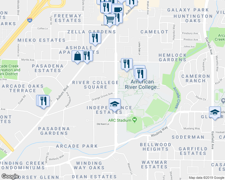 map of restaurants, bars, coffee shops, grocery stores, and more near 4835 Orange Grove Avenue in Sacramento