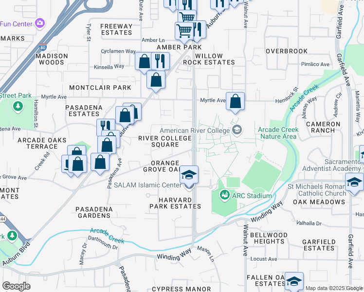 map of restaurants, bars, coffee shops, grocery stores, and more near 4835 Orange Grove Avenue in Sacramento