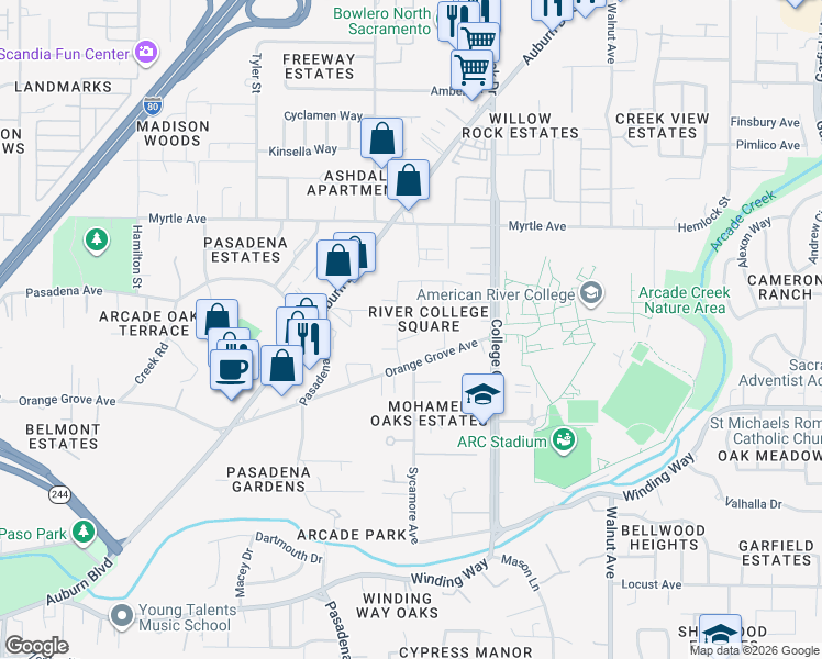 map of restaurants, bars, coffee shops, grocery stores, and more near 4701 River College Drive in Sacramento
