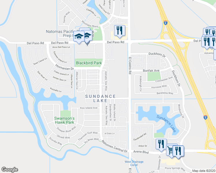 map of restaurants, bars, coffee shops, grocery stores, and more near 3670 Gozo Island Avenue in Sacramento