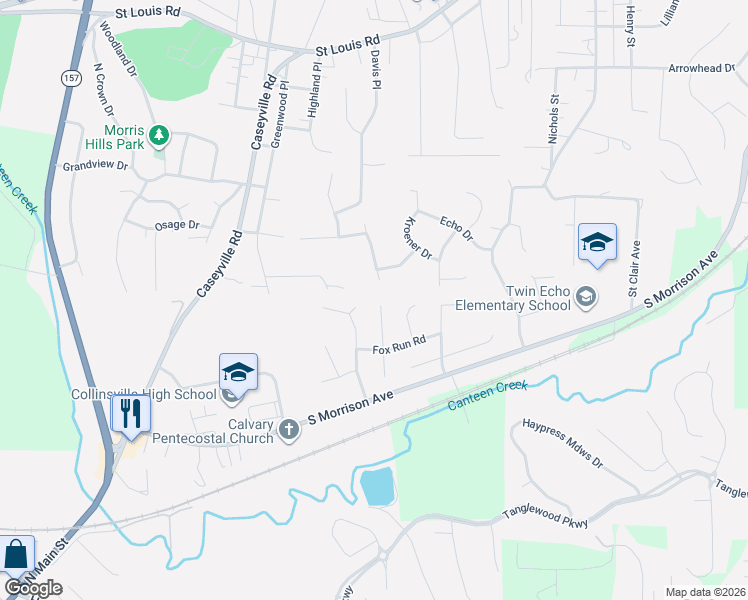 map of restaurants, bars, coffee shops, grocery stores, and more near 12 Heatherwood Drive in Collinsville