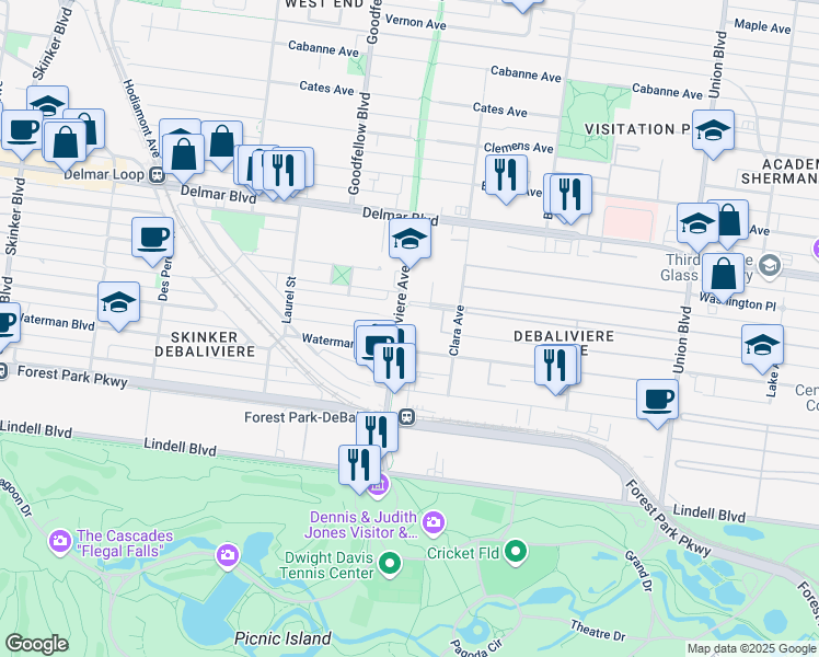 map of restaurants, bars, coffee shops, grocery stores, and more near 5706 McPherson Avenue in St. Louis