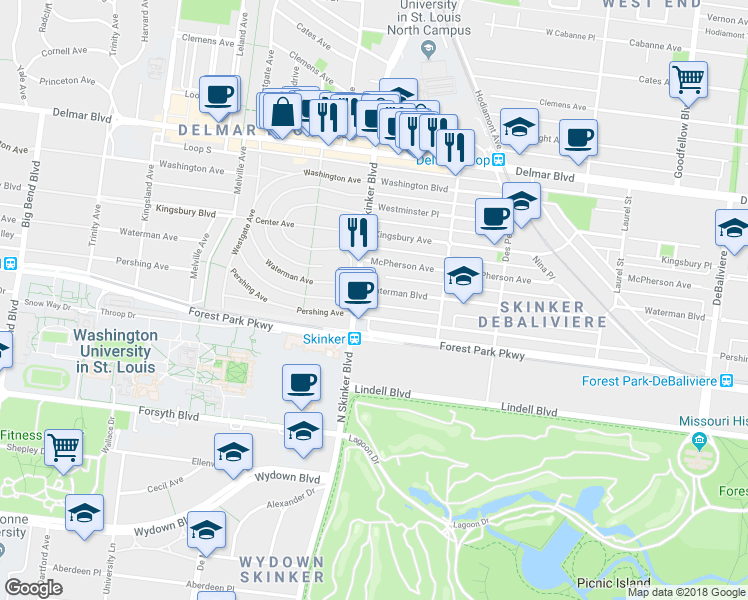 map of restaurants, bars, coffee shops, grocery stores, and more near 6186 Waterman Boulevard in St. Louis