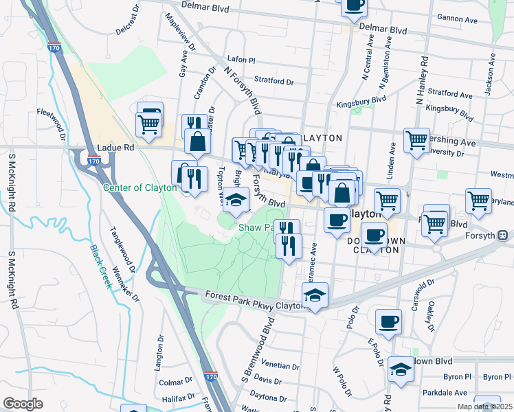 map of restaurants, bars, coffee shops, grocery stores, and more near 8223 Parkside Drive in Clayton