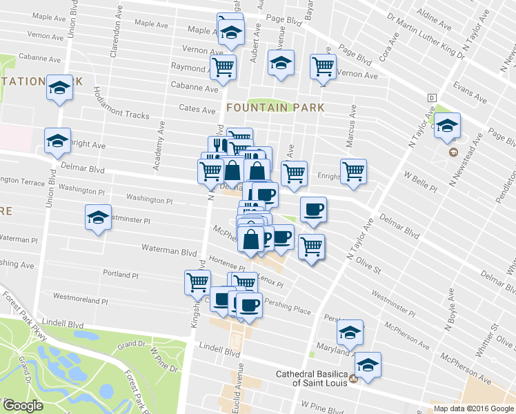 map of restaurants, bars, coffee shops, grocery stores, and more near 4901 Washington Avenue in St. Louis