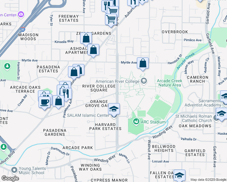 map of restaurants, bars, coffee shops, grocery stores, and more near 4835 Orange Grove Avenue in Sacramento
