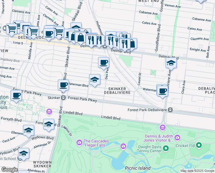 map of restaurants, bars, coffee shops, grocery stores, and more near 5959 Waterman Boulevard in St. Louis
