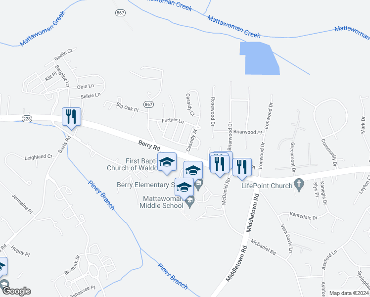 map of restaurants, bars, coffee shops, grocery stores, and more near 10297 Wimbledon Place in Waldorf