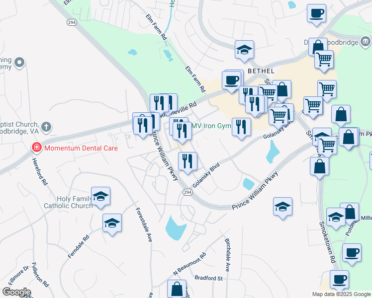 map of restaurants, bars, coffee shops, grocery stores, and more near 14075 Noblewood Plaza in Woodbridge