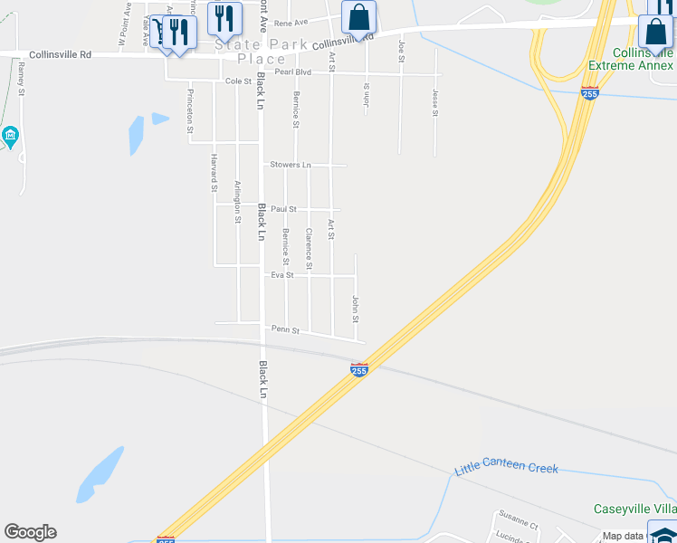 map of restaurants, bars, coffee shops, grocery stores, and more near 426 Art Street in Collinsville