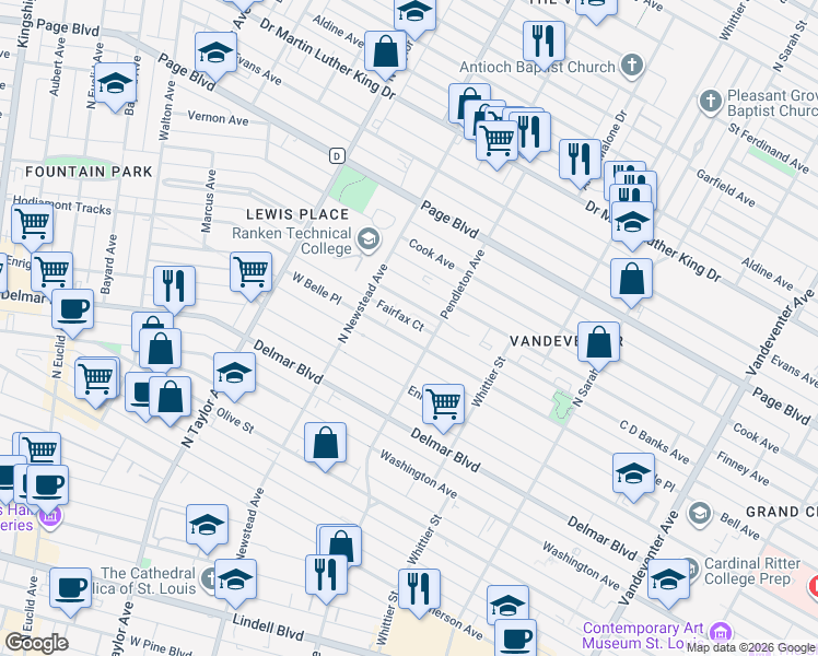 map of restaurants, bars, coffee shops, grocery stores, and more near 4337 West Belle Place in St. Louis