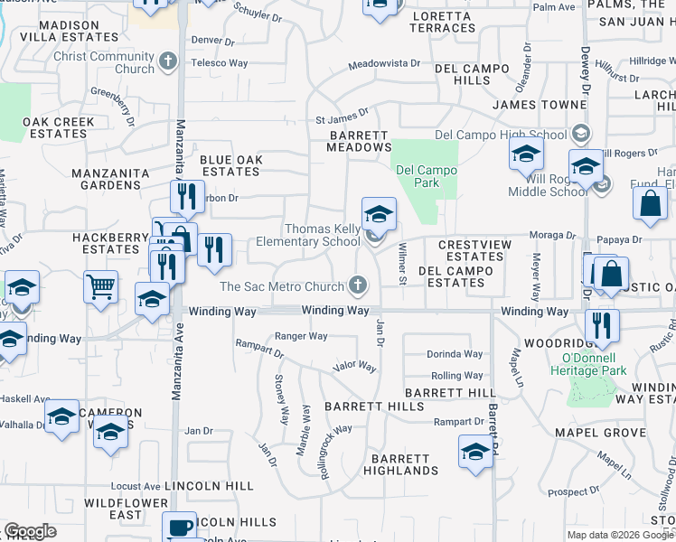 map of restaurants, bars, coffee shops, grocery stores, and more near 4730 Talus Way in Carmichael