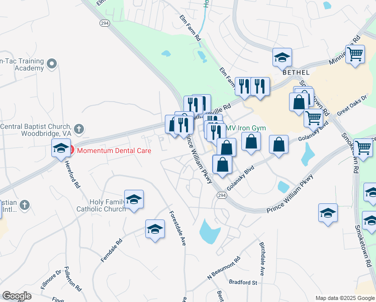 map of restaurants, bars, coffee shops, grocery stores, and more near 14024 Madrigal Drive in Woodbridge