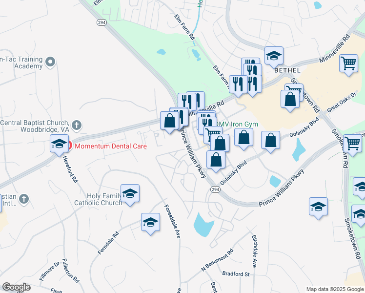 map of restaurants, bars, coffee shops, grocery stores, and more near 14024 Madrigal Drive in Woodbridge