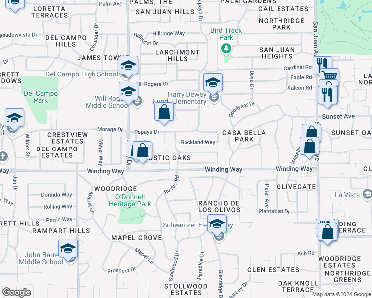 map of restaurants, bars, coffee shops, grocery stores, and more near 7036 Ellsworth Circle in Fair Oaks
