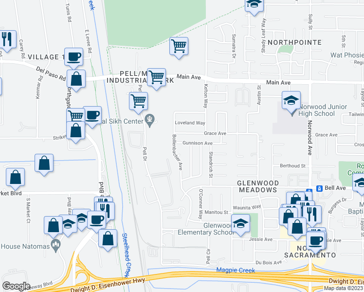 map of restaurants, bars, coffee shops, grocery stores, and more near 110 Gunnison Avenue in Sacramento