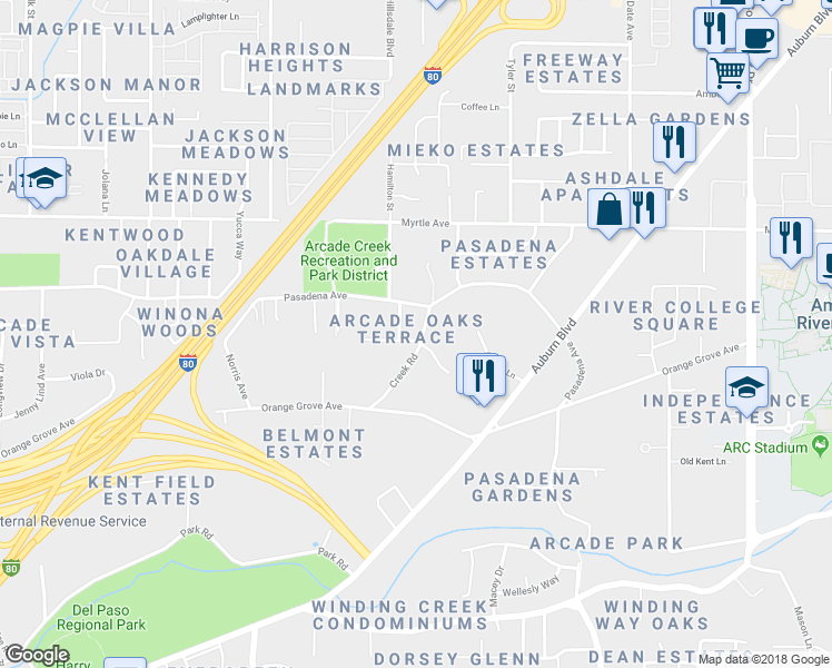 map of restaurants, bars, coffee shops, grocery stores, and more near 4701 Creek Road in Sacramento