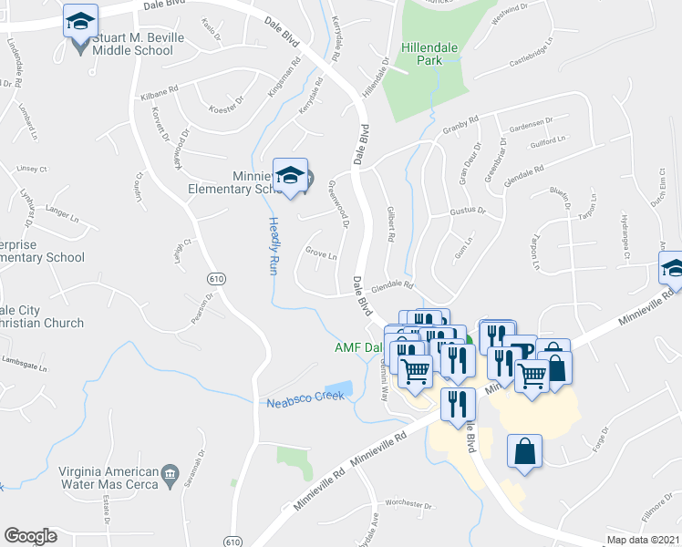 map of restaurants, bars, coffee shops, grocery stores, and more near 13610 Greenwood Drive in Woodbridge