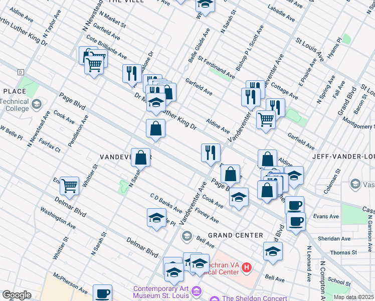 map of restaurants, bars, coffee shops, grocery stores, and more near 3964 Evans Avenue in St. Louis