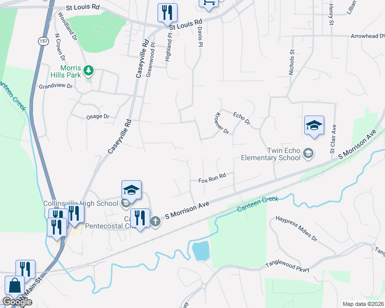 map of restaurants, bars, coffee shops, grocery stores, and more near 12 Heatherwood Drive in Collinsville