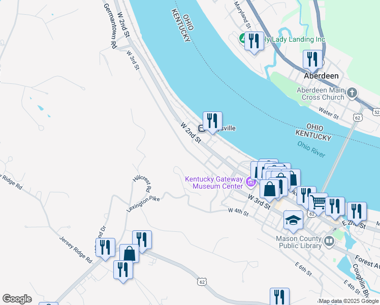 map of restaurants, bars, coffee shops, grocery stores, and more near 325 West 3rd Street in Maysville