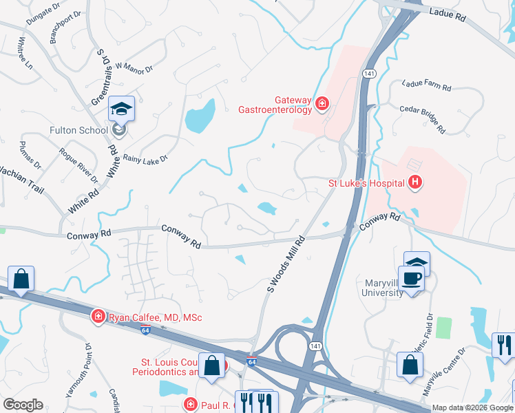 map of restaurants, bars, coffee shops, grocery stores, and more near 14049 Baywood Villages Drive in Chesterfield