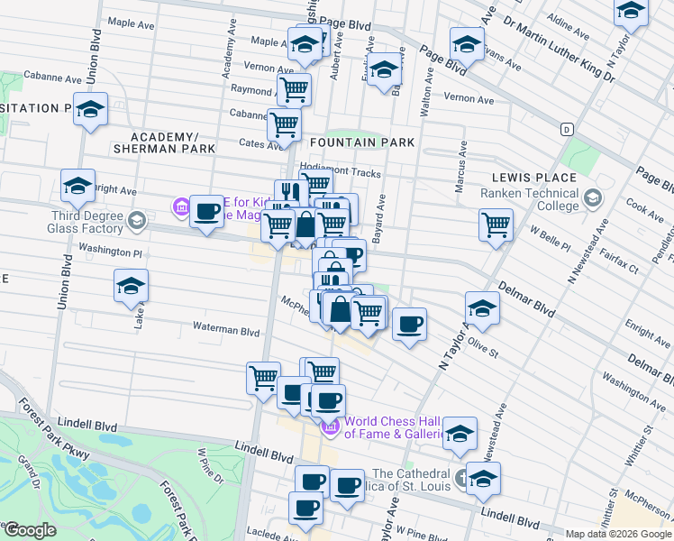 map of restaurants, bars, coffee shops, grocery stores, and more near 4901 Washington Avenue in St. Louis