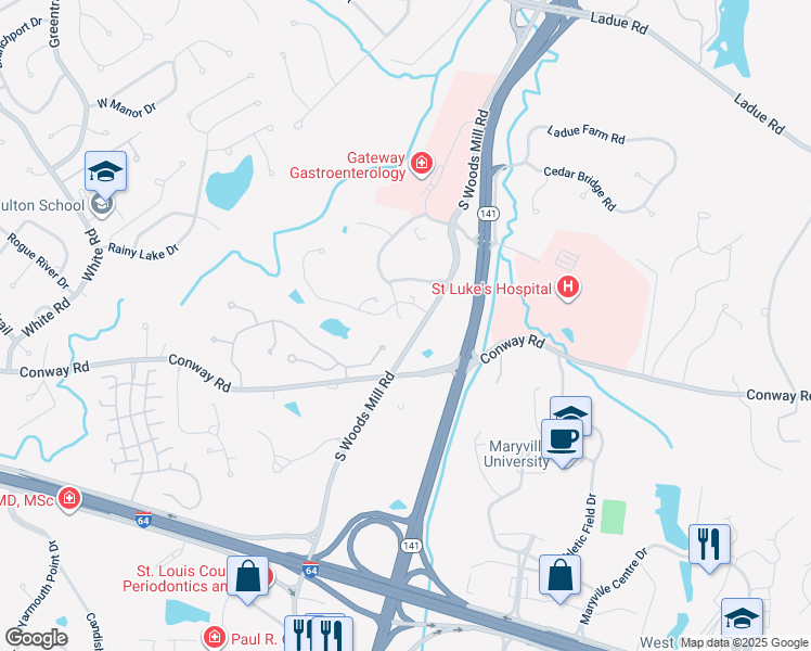 map of restaurants, bars, coffee shops, grocery stores, and more near 345 South Woods Mill Road in Chesterfield