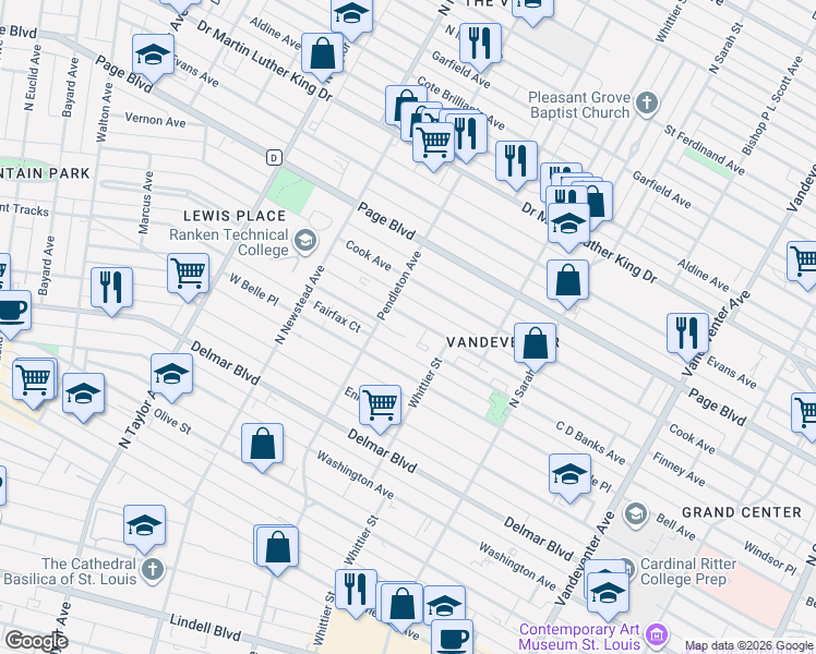 map of restaurants, bars, coffee shops, grocery stores, and more near 4242 Finney Avenue in St. Louis