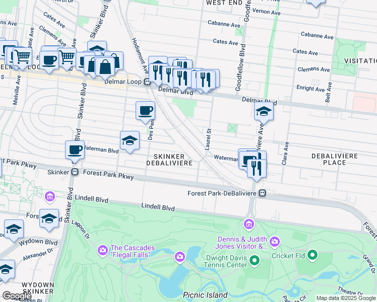 map of restaurants, bars, coffee shops, grocery stores, and more near 5837 Nina Place in St. Louis