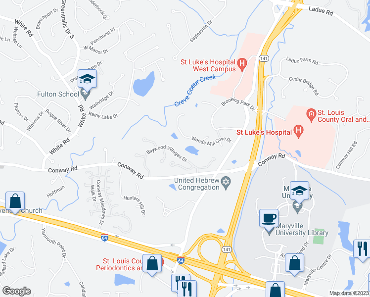 map of restaurants, bars, coffee shops, grocery stores, and more near 14049 Baywood Villages Drive in Chesterfield