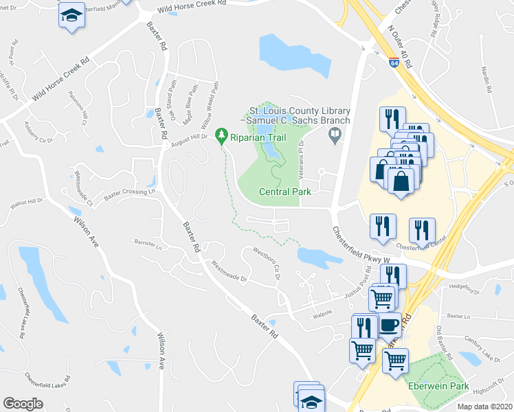 map of restaurants, bars, coffee shops, grocery stores, and more near 16330 Lydia Hill Drive in Chesterfield