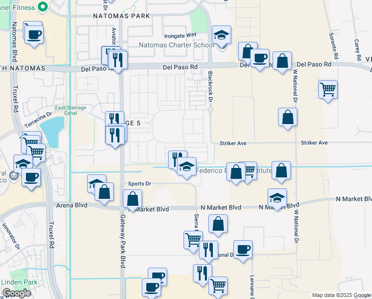 map of restaurants, bars, coffee shops, grocery stores, and more near 1673 Fern Glen Avenue in Sacramento