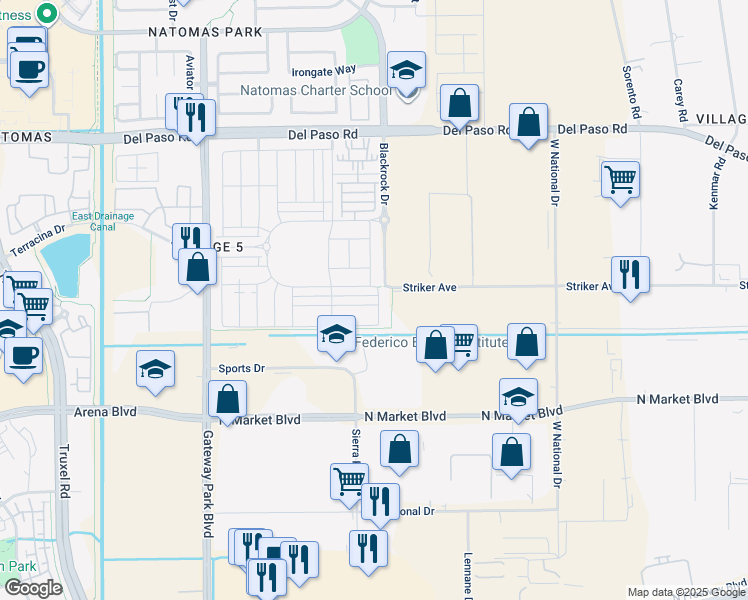 map of restaurants, bars, coffee shops, grocery stores, and more near 1601 Fern Glen Avenue in Sacramento