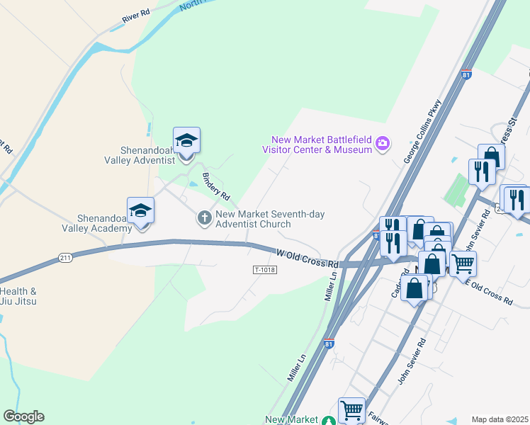 map of restaurants, bars, coffee shops, grocery stores, and more near 9530 Shenandoah Dr in New Market