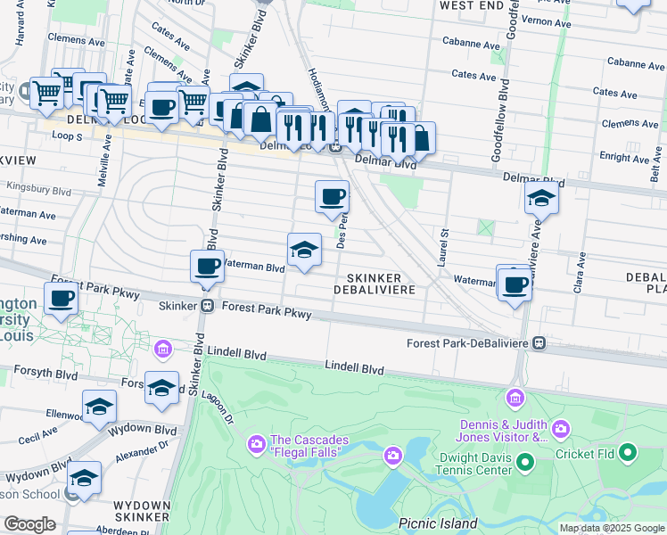 map of restaurants, bars, coffee shops, grocery stores, and more near 5959 Waterman Boulevard in St. Louis