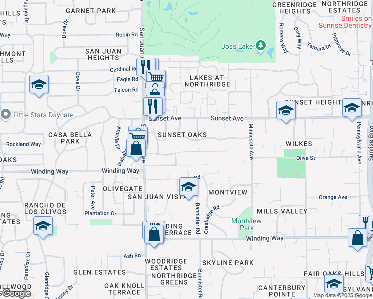 map of restaurants, bars, coffee shops, grocery stores, and more near 7529 Heather Road in Fair Oaks