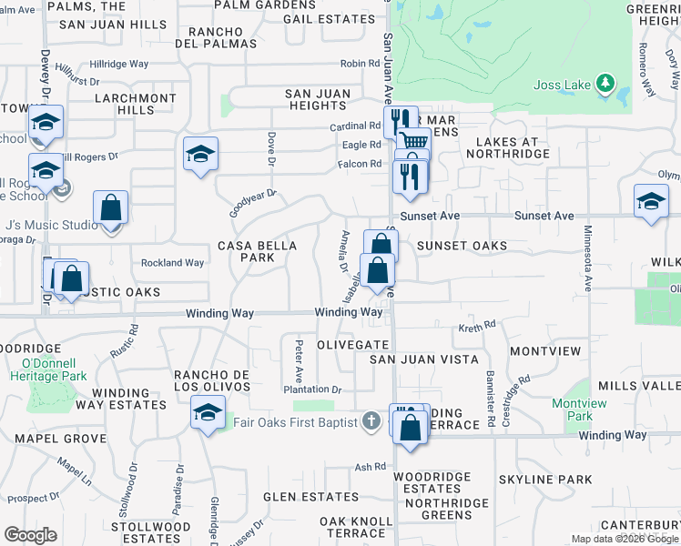 map of restaurants, bars, coffee shops, grocery stores, and more near 4725 Amelia Drive in Fair Oaks