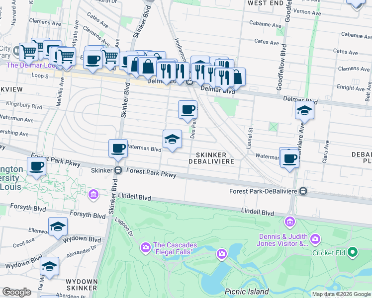 map of restaurants, bars, coffee shops, grocery stores, and more near 5959 Waterman Boulevard in St. Louis