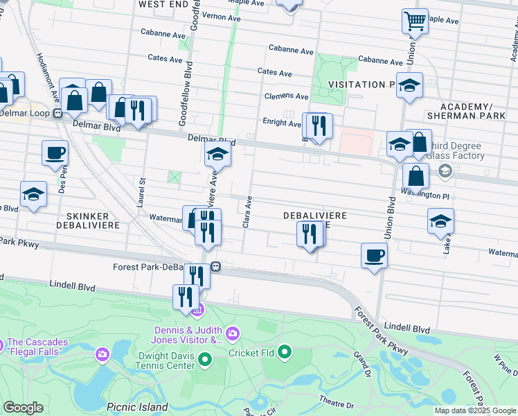 map of restaurants, bars, coffee shops, grocery stores, and more near 60 Kingsbury Place in St. Louis