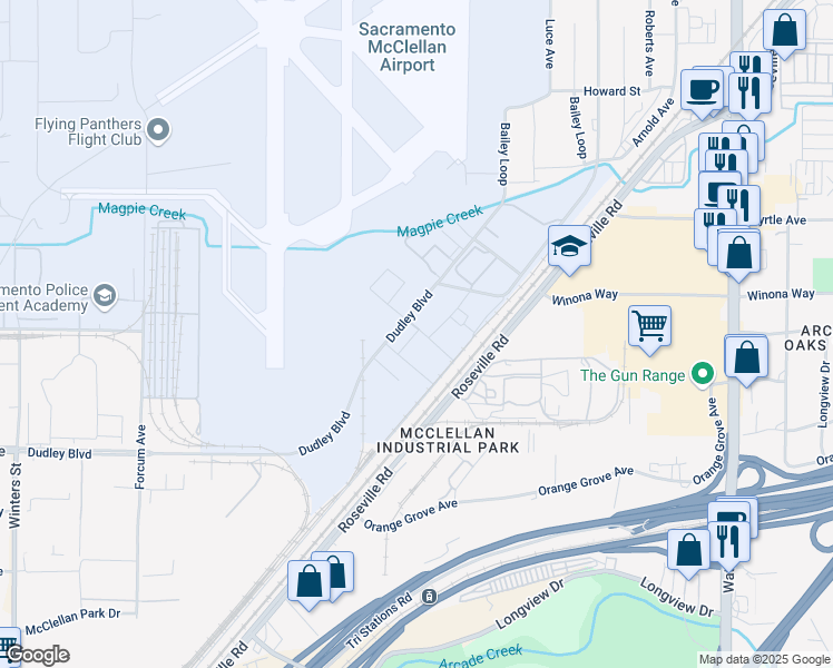 map of restaurants, bars, coffee shops, grocery stores, and more near 4338 Dudley Blvd in North Highlands