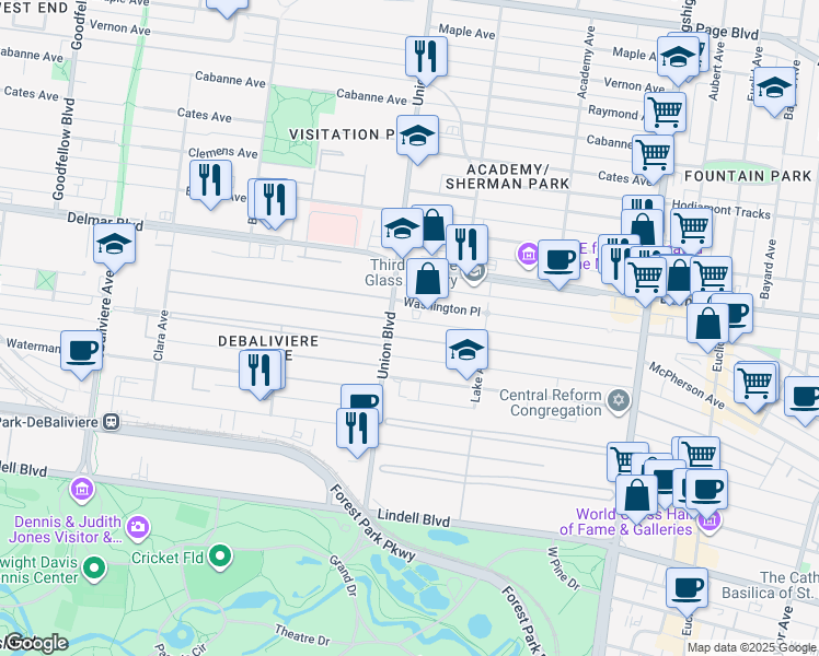 map of restaurants, bars, coffee shops, grocery stores, and more near 5281 Westminster Place in St. Louis
