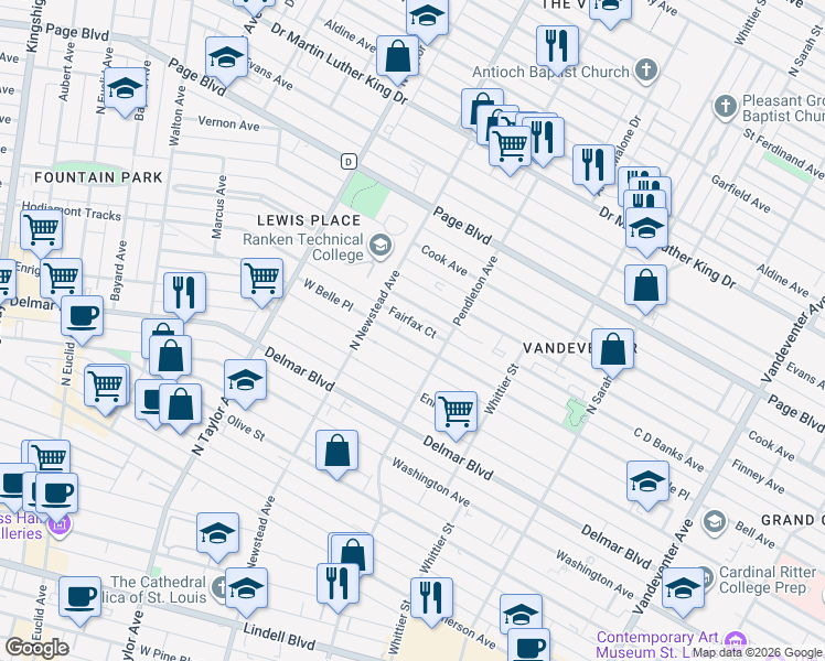 map of restaurants, bars, coffee shops, grocery stores, and more near 4337 West Belle Place in St. Louis