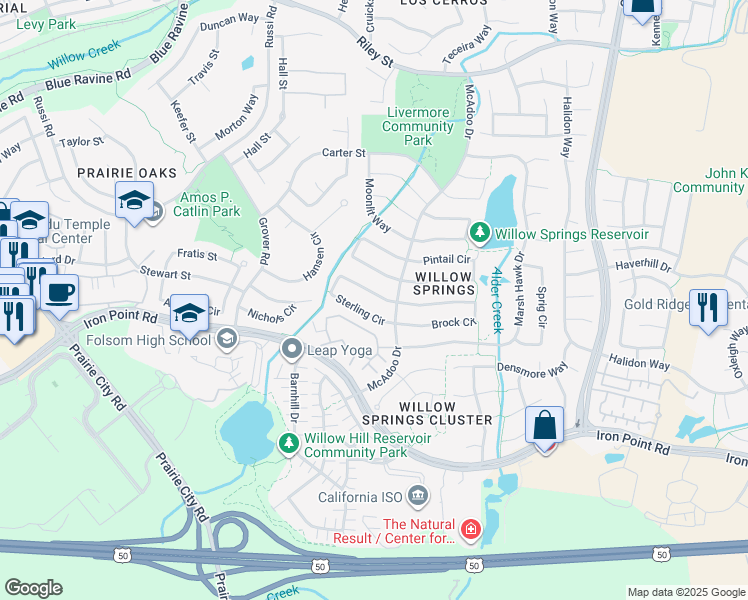 map of restaurants, bars, coffee shops, grocery stores, and more near 923 Sterling Circle in Folsom