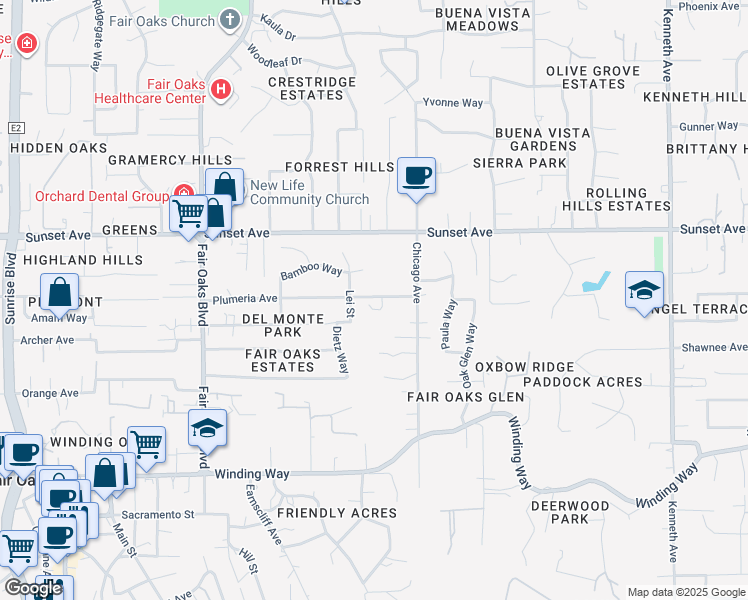 map of restaurants, bars, coffee shops, grocery stores, and more near in Fair Oaks