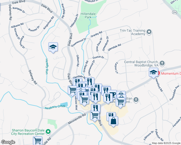 map of restaurants, bars, coffee shops, grocery stores, and more near 13819 Greenwood Drive in Woodbridge