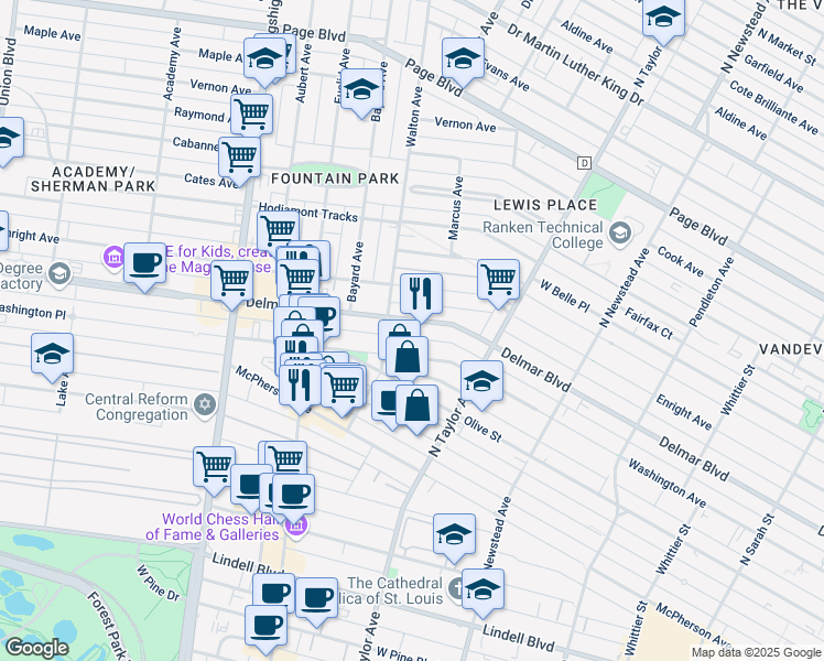 map of restaurants, bars, coffee shops, grocery stores, and more near 4626 Delmar Boulevard in St. Louis